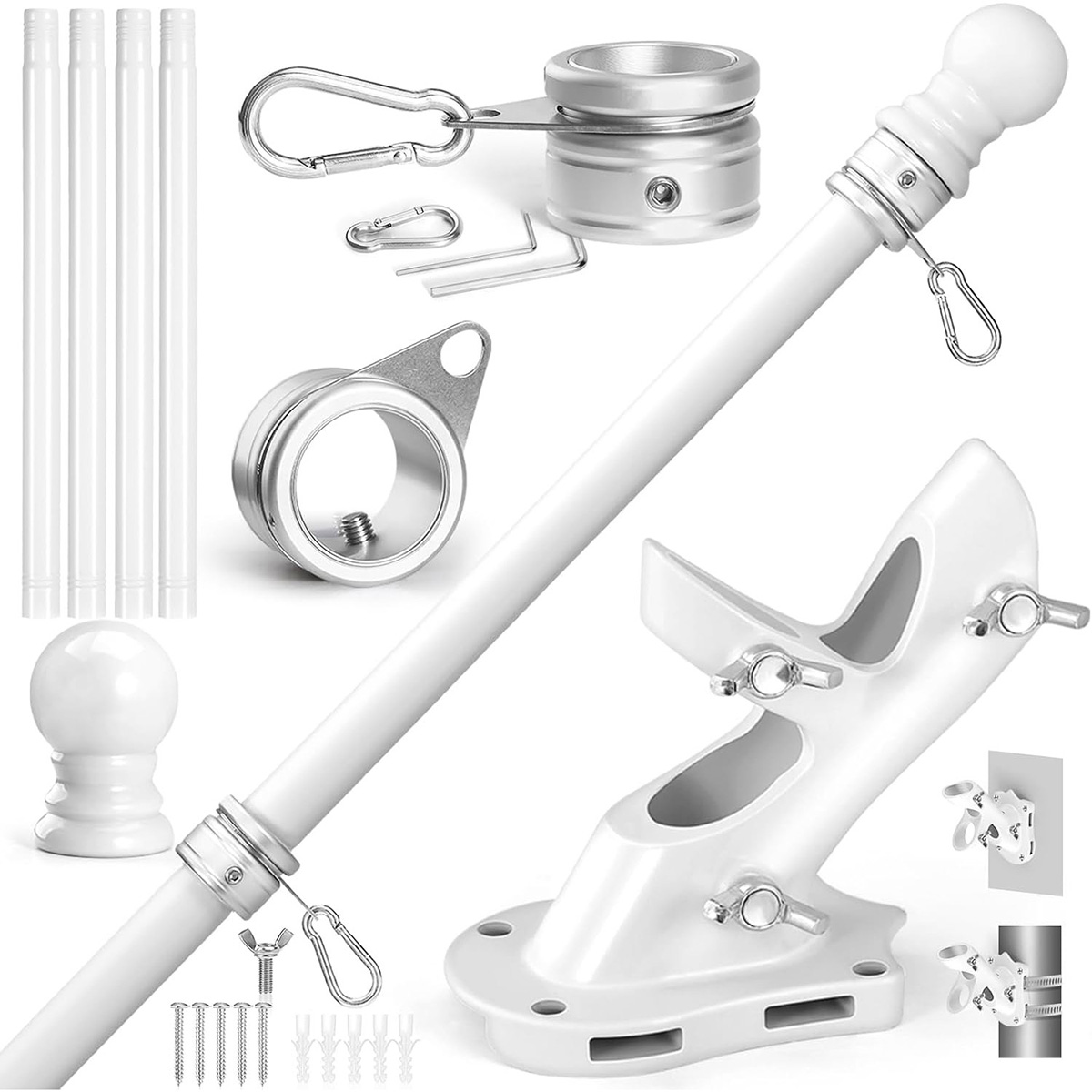 Anovo Flag Pole Kit - Stainless Steel 5 FT Flag Poles with1 Inch Metal 360° Rotating Flag Pole Rings Clip (5 FT - White)