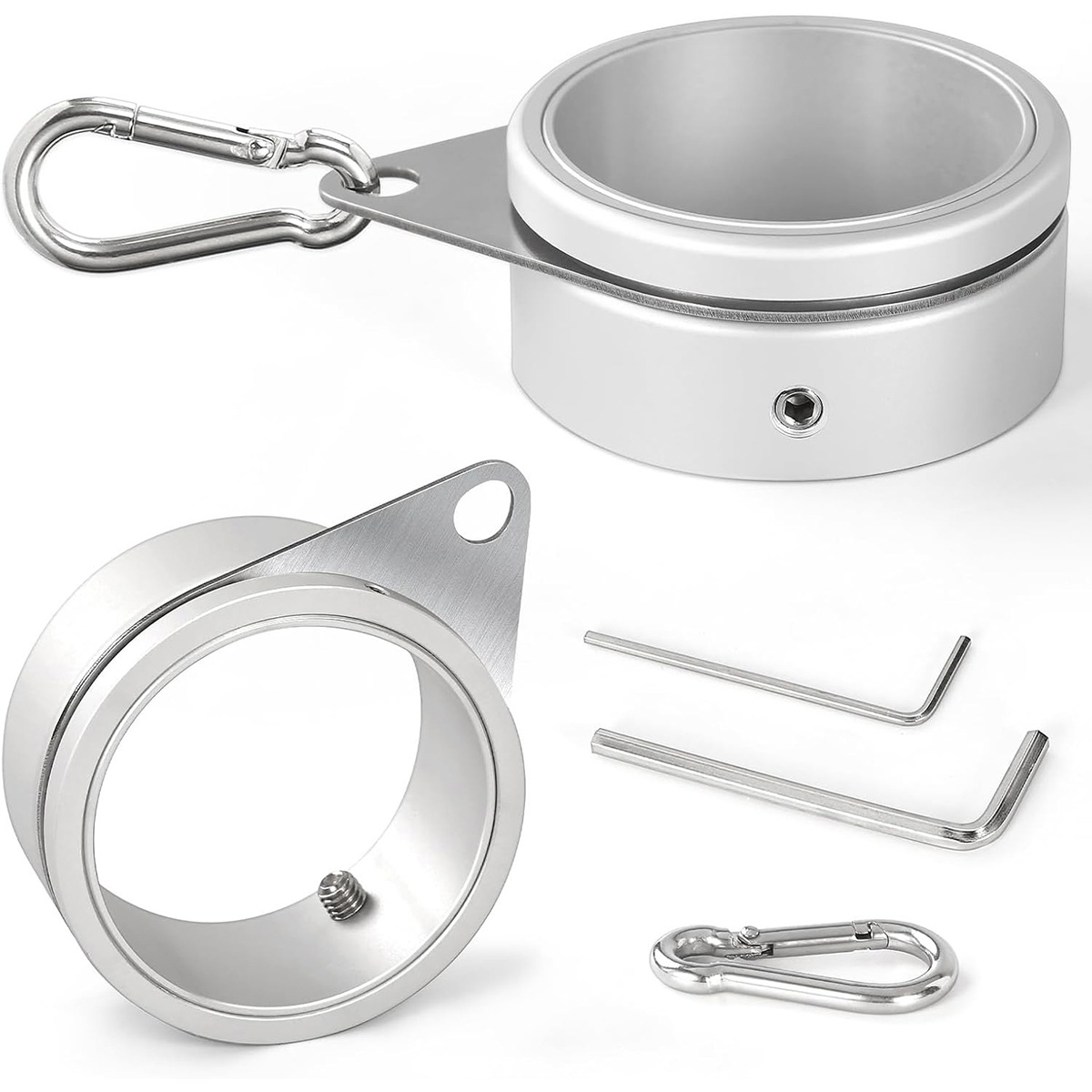 Anovo Flag Pole Rings - Aluminum Alloy Flagpole Rings 360° Rotating Anti Wrap Flag Mounting Ring with Carabiner (Matte Silver, 2 Inch -Pack of 2)