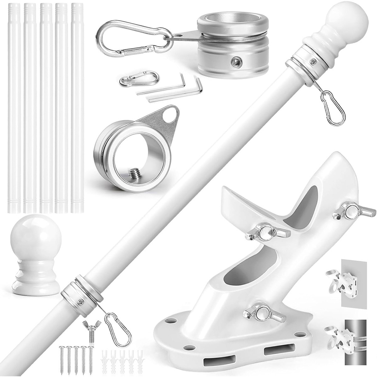 Anovo Flag Pole Kit - Stainless Steel 6 FT Flag Poles with1 Inch Metal 360° Rotating Flag Pole Rings Clip (6 FT - White)