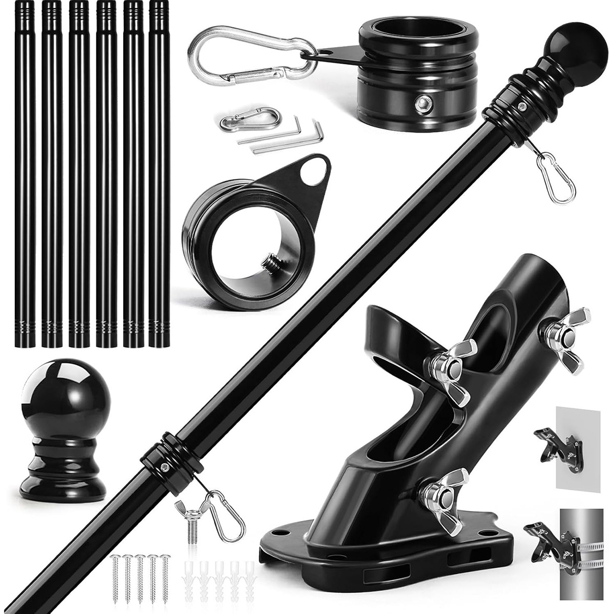 Anovo Flag Pole Kit - Stainless Steel 7 FT Flag Poles with1 Inch Metal 360° Rotating Flag Pole Rings Clip (7 FT - Black)
