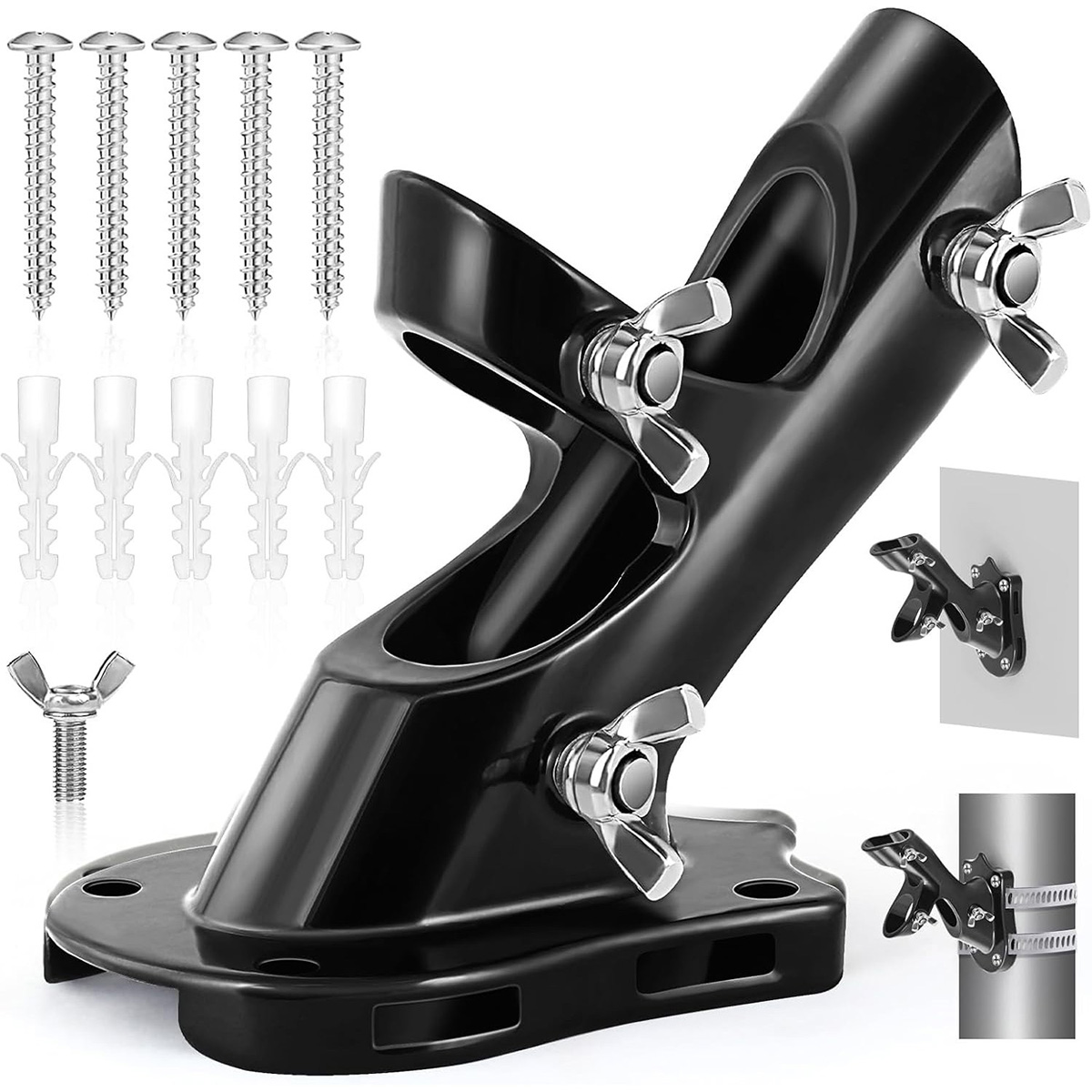 Flag Pole Holder - Anovo Flag Pole Brackets Mount Outside House Heavy-Duty Aluminum Metal Rust Proof Bracket (Black-1 Pack)