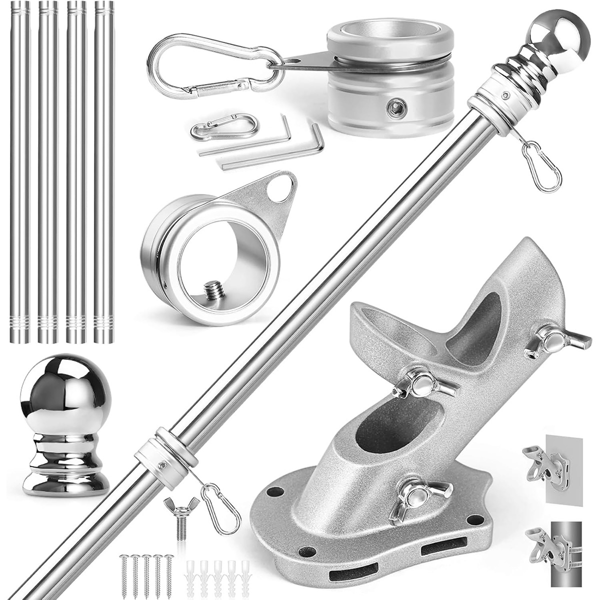 Anovo Flag Pole Kit - Stainless Steel 5 FT Flag Poles with1 Inch Metal 360° Rotating Flag Pole Rings Clip (5 FT - Sliver)