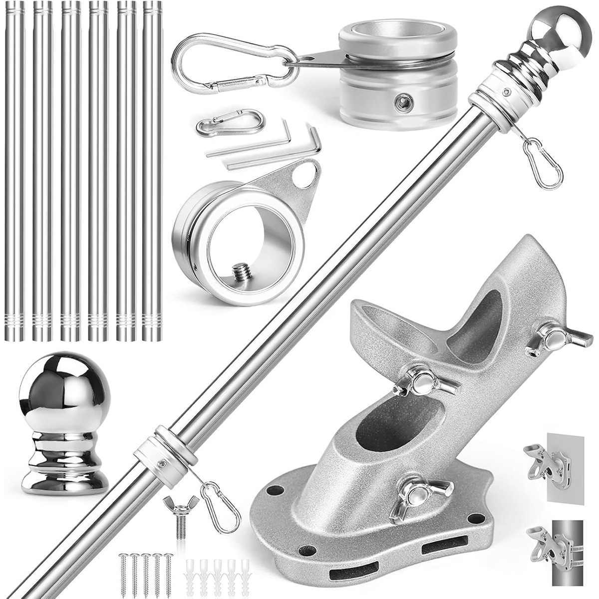 Anovo Flag Pole Kit - Stainless Steel 7 FT Flag Poles with1 Inch Metal 360° Rotating Flag Pole Rings Clip (7 FT - Sliver)
