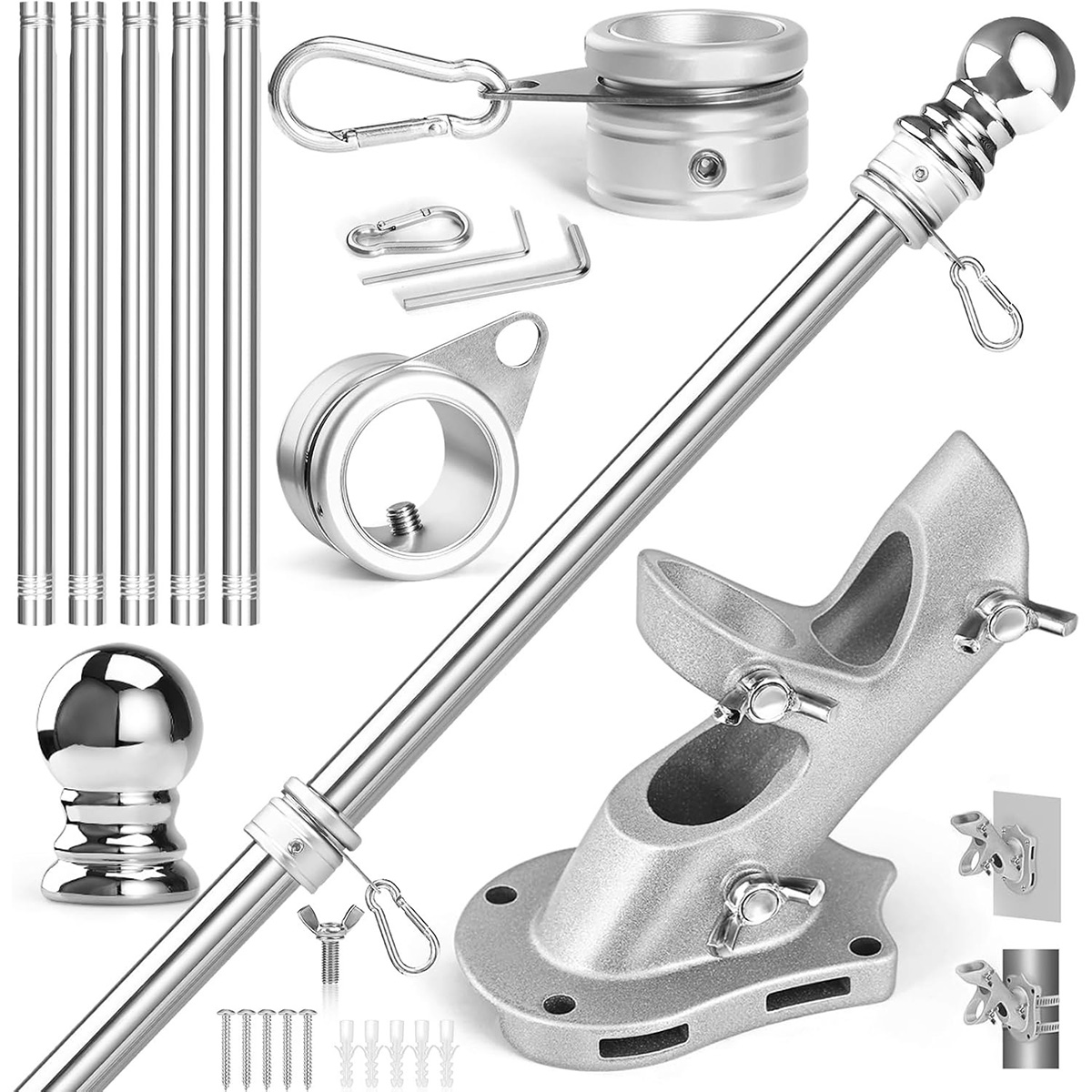 Anovo Flag Pole Kit - Stainless Steel 6 FT Flag Poles with1 Inch Metal 360° Rotating Flag Pole Rings Clip (6 FT - Sliver)