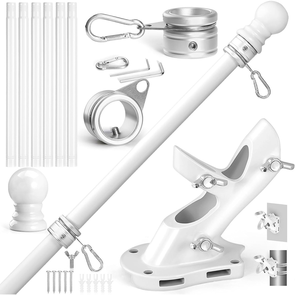 Anovo Flag Pole Kit - Stainless Steel 7 FT Flag Poles with1 Inch Metal 360° Rotating Flag Pole Rings Clip (7 FT - White)
