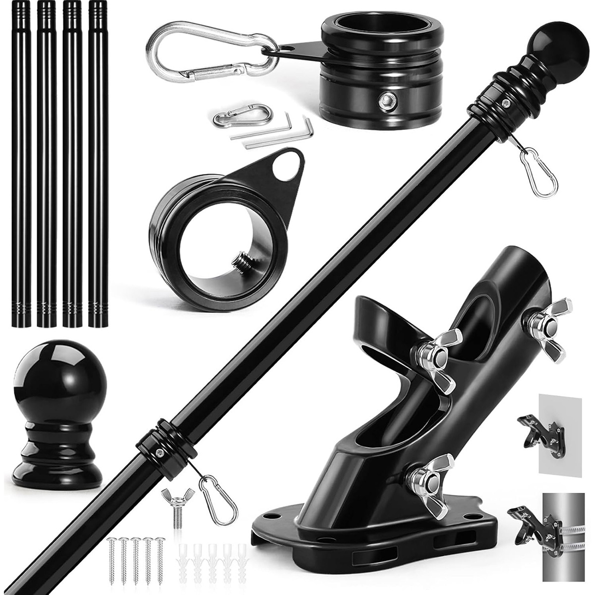 Anovo Flag Pole Kit - Stainless Steel 5 FT Flag Poles with1 Inch Metal 360° Rotating Flag Pole Rings Clip (5 FT - Black)
