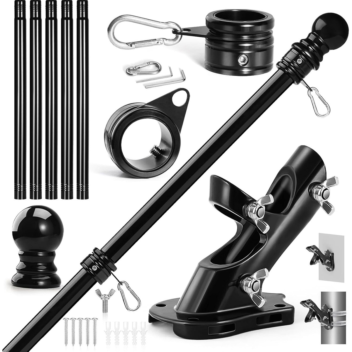 Anovo Flag Pole Kit - Stainless Steel 6 FT Flag Poles with1 Inch Metal 360° Rotating Flag Pole Rings Clip (6 FT - Black)
